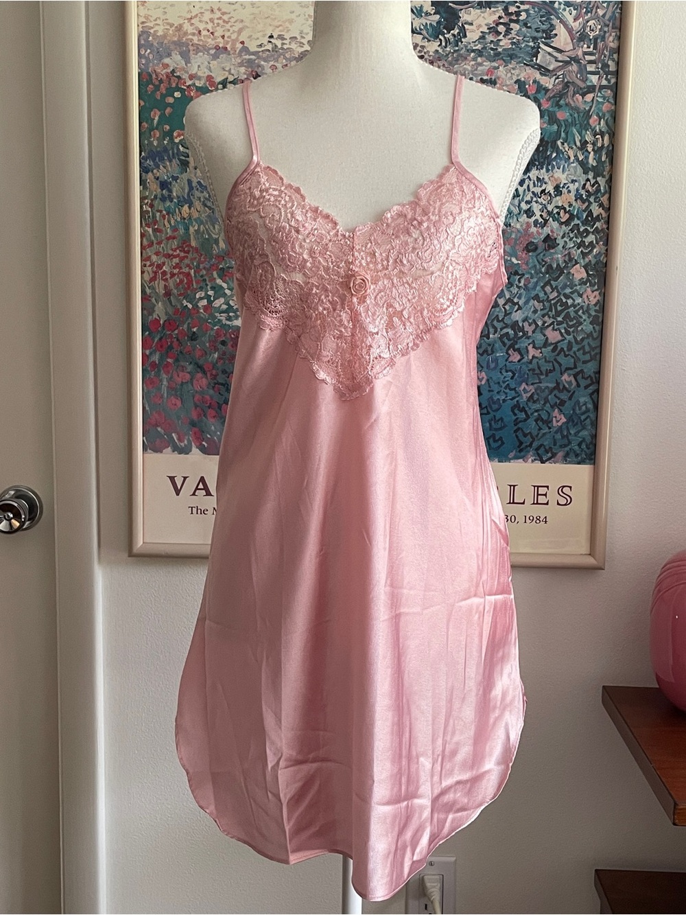 Vintage Slip Dress Small Pink Satin Lace Coquette Fairy Bridal Nightgown 90s - Picture 2 of 9